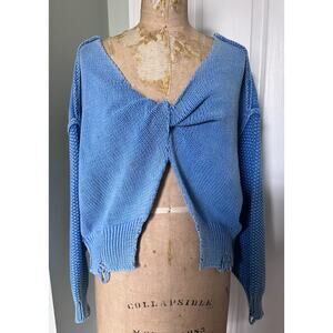 Wild fox cropped sweater Blue Cotton Distressed Cut Out Open Oversized Sz S